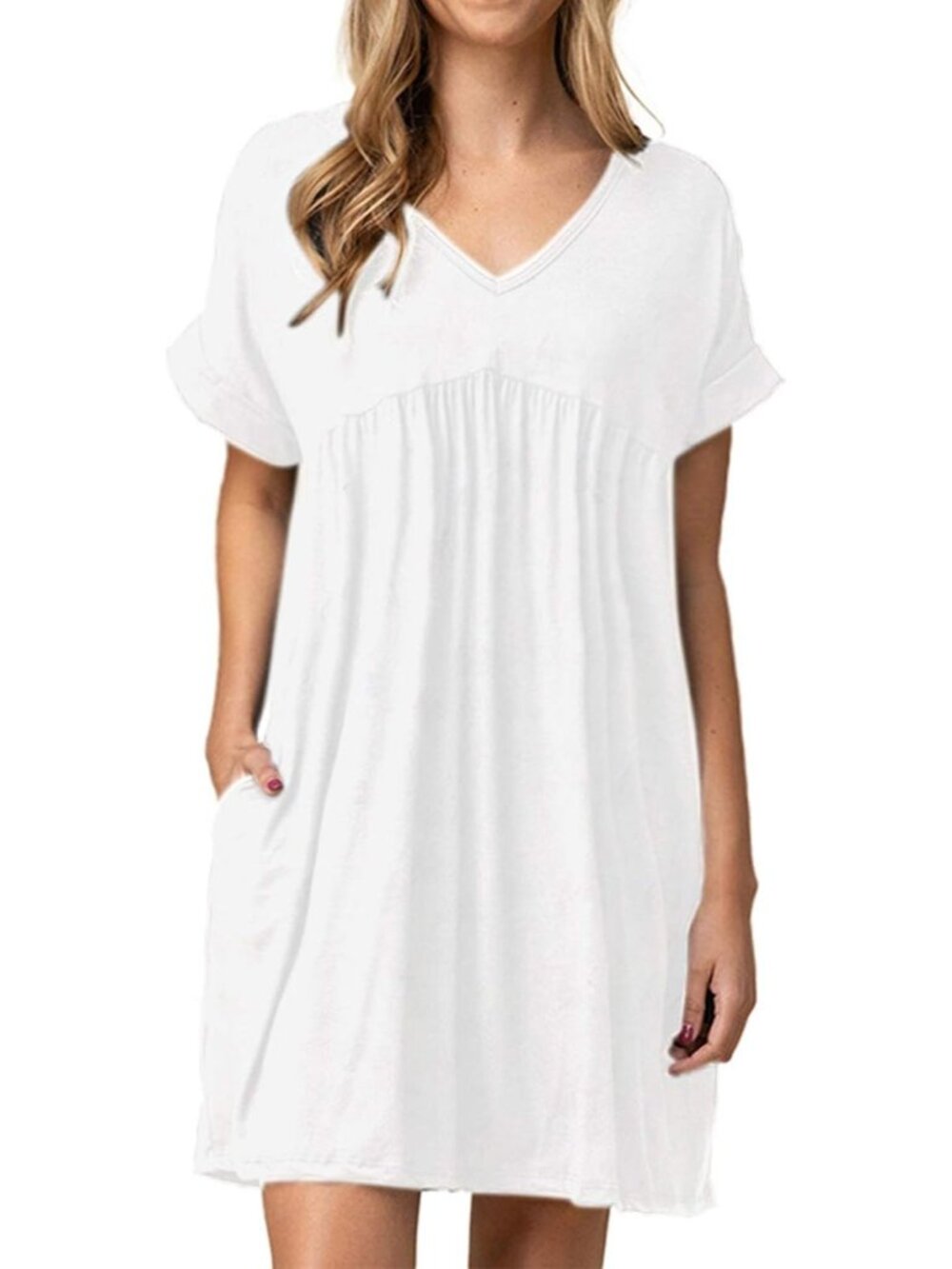 Women's White Summer Tshirt Dress Babydoll Casual Mini Tunic Ruched Flowy Dress